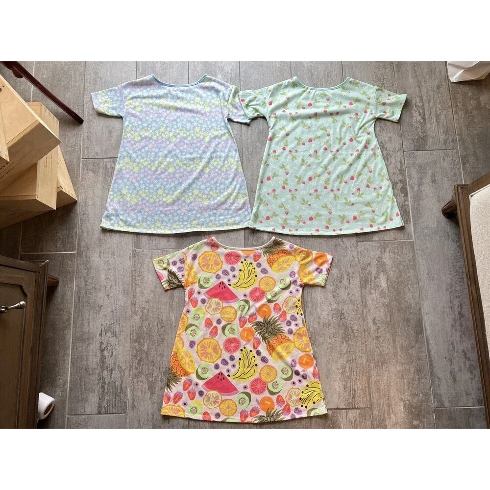 Girl Set Lot of 3 Cat & Jack Nightgown Pjs Pajamas Sleepshirt Flower Fruit S 6/7